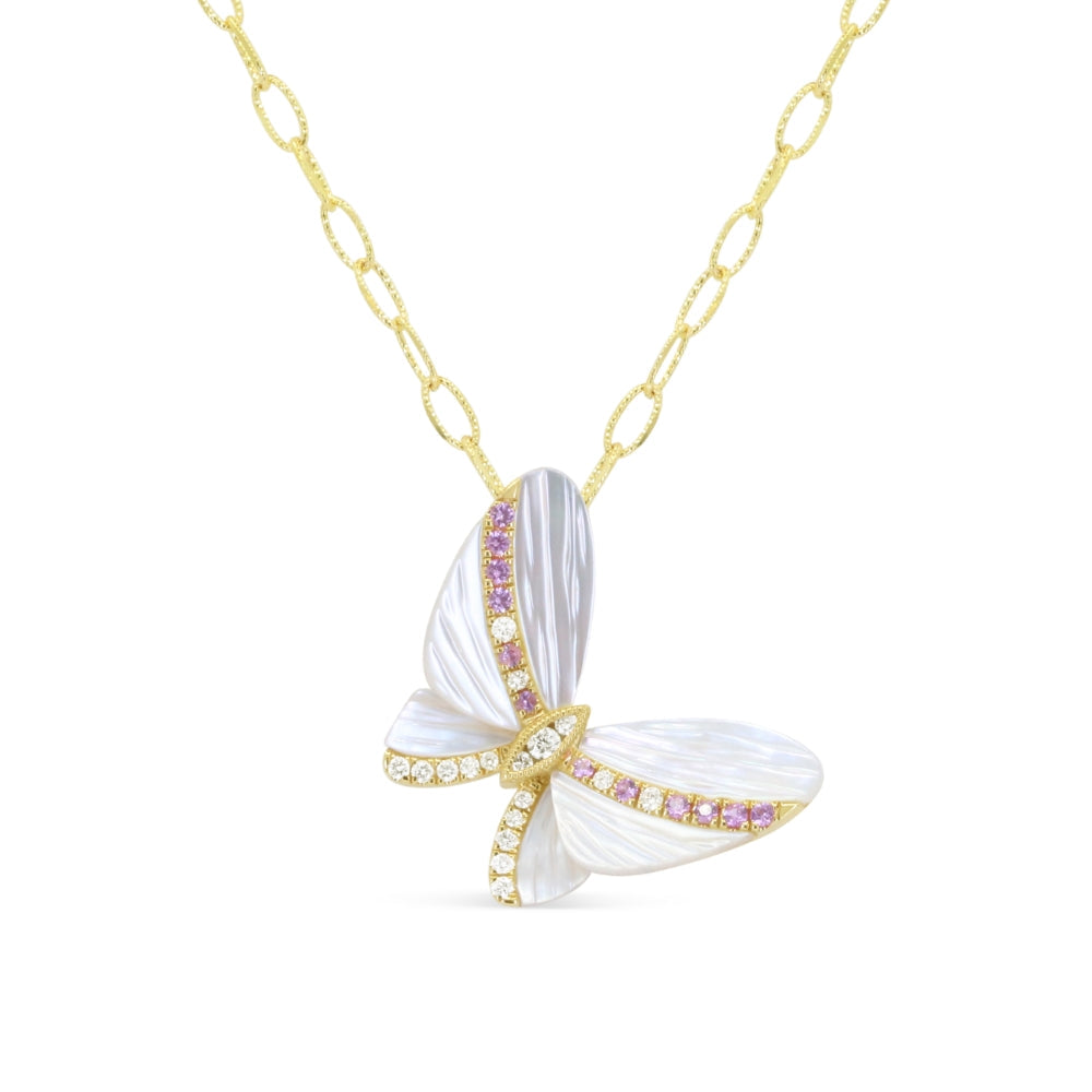 Beautiful Hand Crafted 14K Yellow Gold  Mother Of Pearl And Diamond Milano Collection Necklace