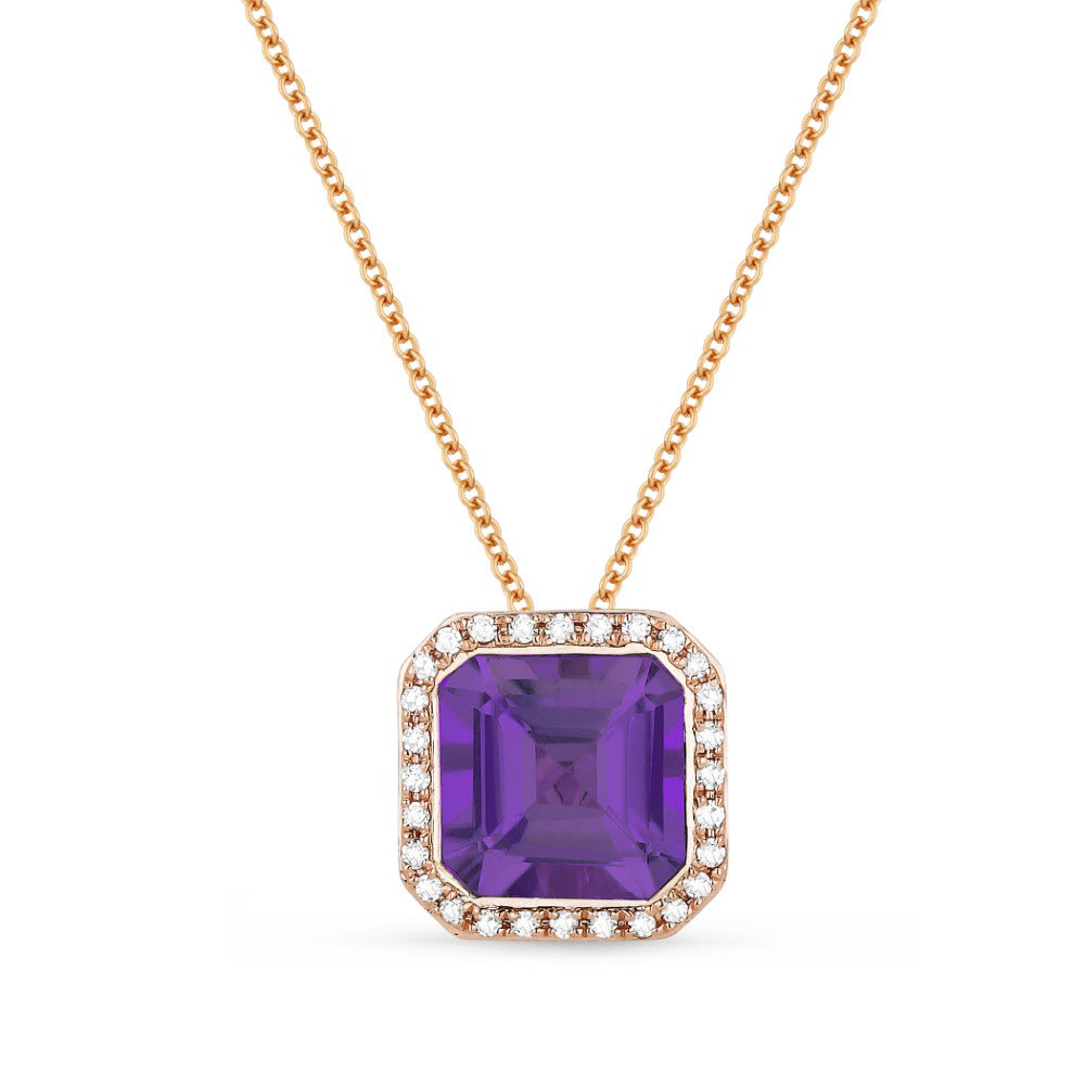 Beautiful Hand Crafted 14K Rose Gold 7MM Amethyst And Diamond Eclectica Collection Pendant