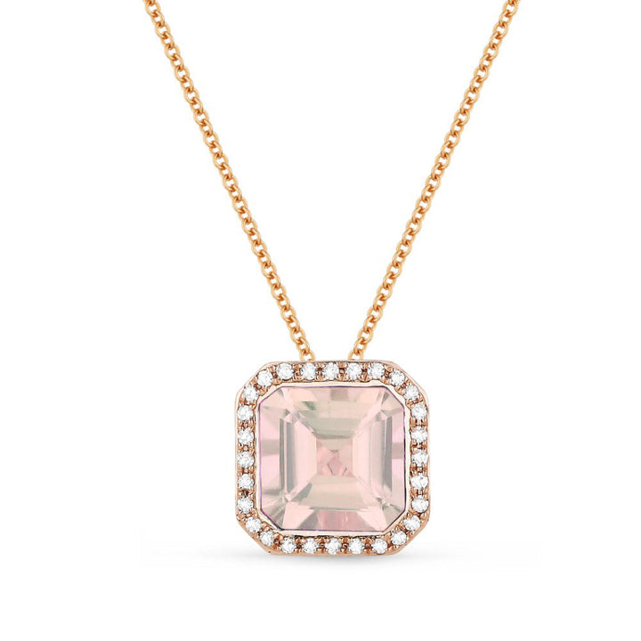 Beautiful Hand Crafted 14K Rose Gold 7MM Created Morganite And Diamond Essentials Collection Pendant