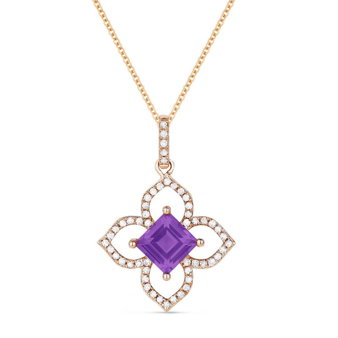 Beautiful Hand Crafted 14K Rose Gold 5MM Amethyst And Diamond Essentials Collection Pendant