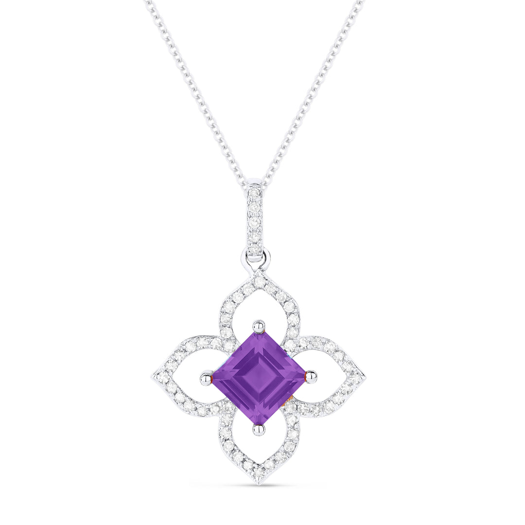 Beautiful Hand Crafted 14K White Gold 5MM Amethyst And Diamond Essentials Collection Pendant