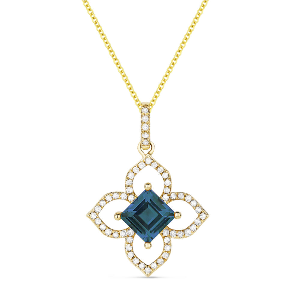 Beautiful Hand Crafted 14K Yellow Gold 5MM London Blue Topaz And Diamond Essentials Collection Pendant