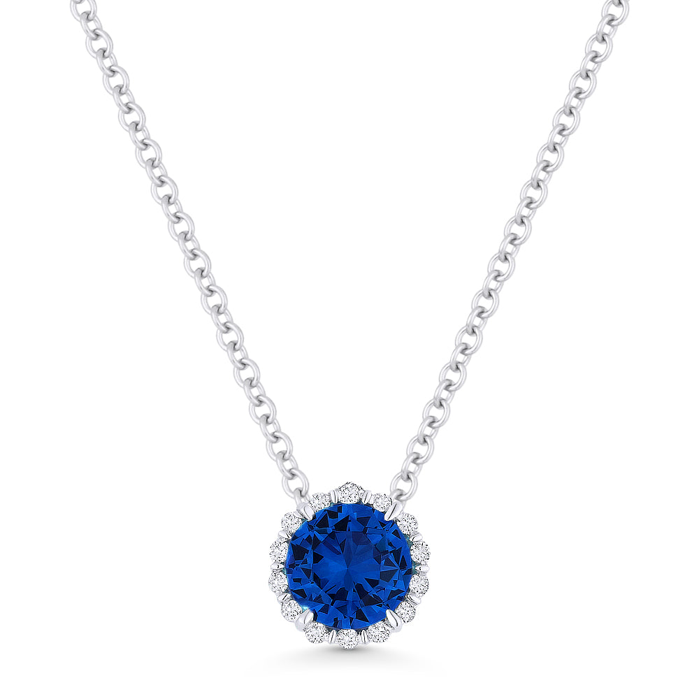 Beautiful Hand Crafted 14K White Gold 5MM Created Sapphire And Diamond Essentials Collection Pendant
