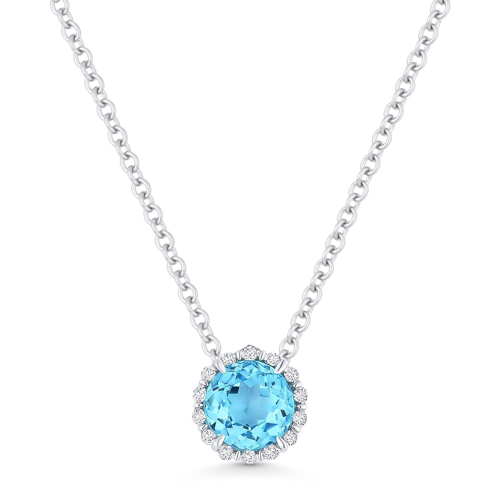 Beautiful Hand Crafted 14K White Gold 5MM Blue Topaz And Diamond Essentials Collection Pendant