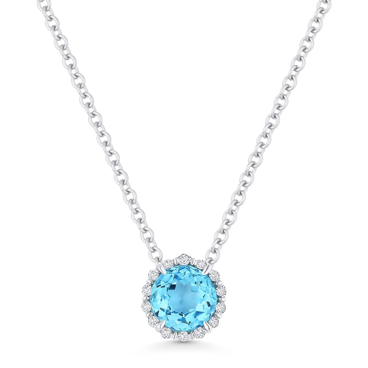 Beautiful Hand Crafted 14K White Gold 5MM Blue Topaz And Diamond Essentials Collection Pendant