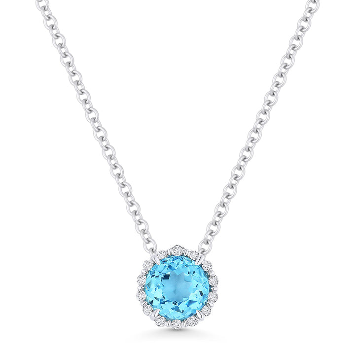 Beautiful Hand Crafted 14K White Gold 5MM Blue Topaz And Diamond Essentials Collection Pendant