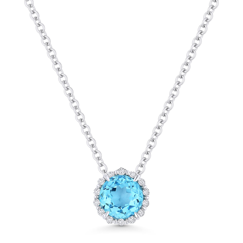 Beautiful Hand Crafted 14K White Gold 5MM Blue Topaz And Diamond Essentials Collection Pendant
