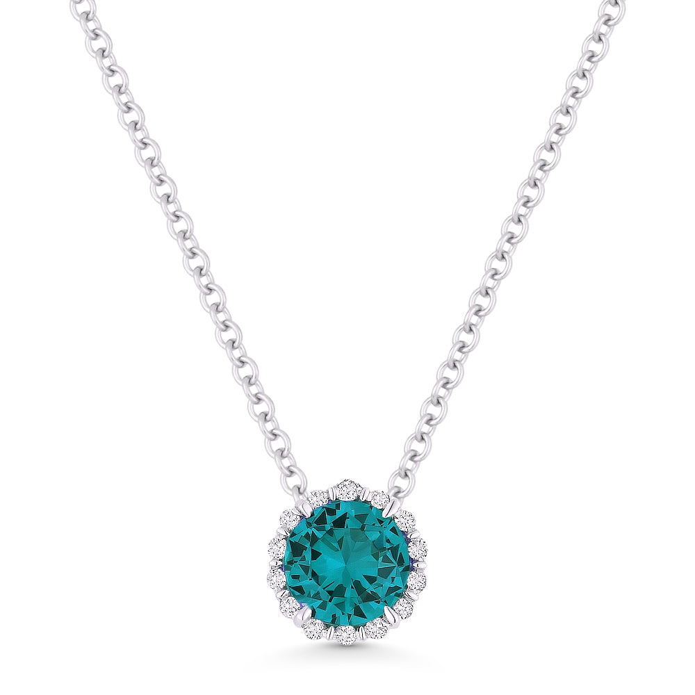 Beautiful Hand Crafted 14K White Gold 5MM Created Tourmaline Paraiba And Diamond Essentials Collection Pendant