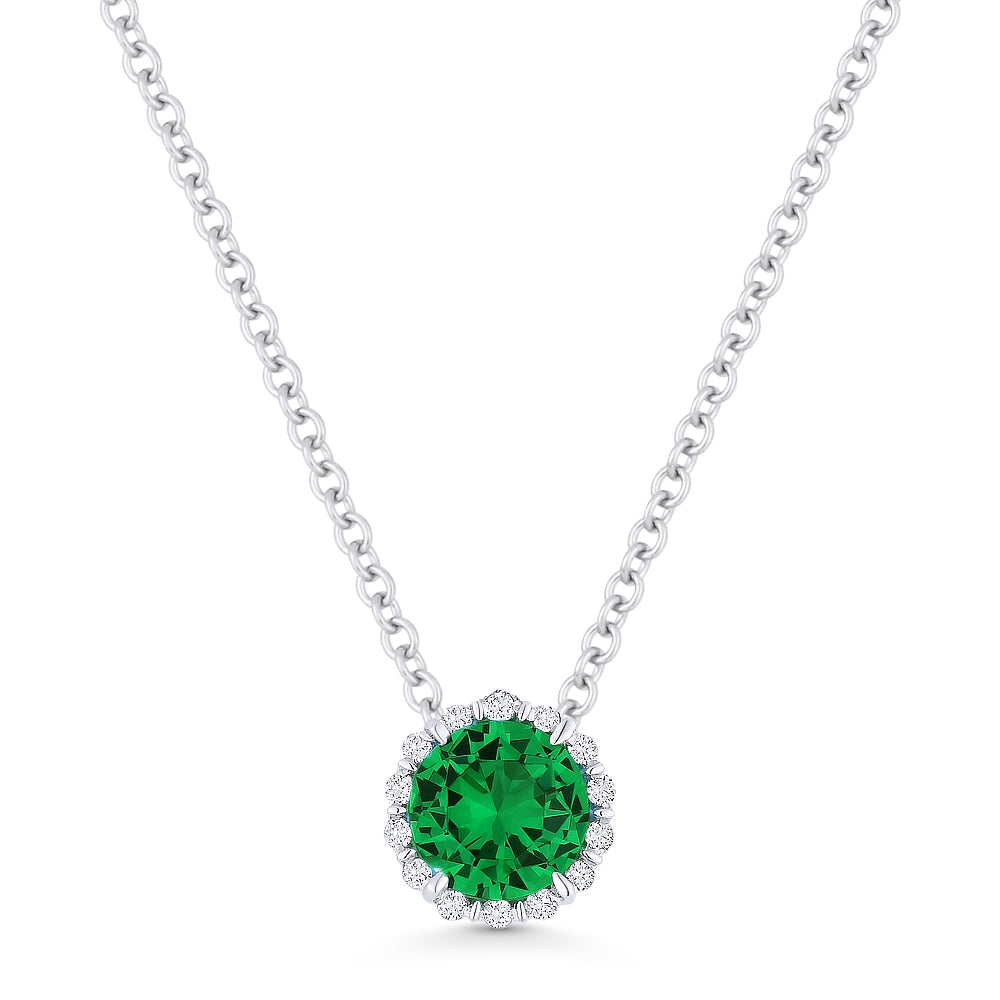 Beautiful Hand Crafted 14K White Gold 5MM Created Emerald And Diamond Essentials Collection Pendant