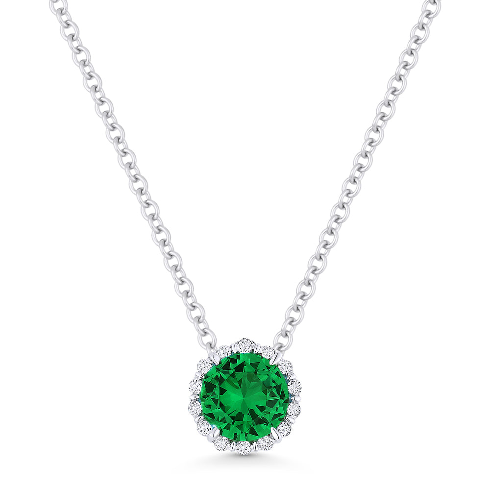 Beautiful Hand Crafted 14K White Gold 5MM Created Emerald And Diamond Essentials Collection Pendant