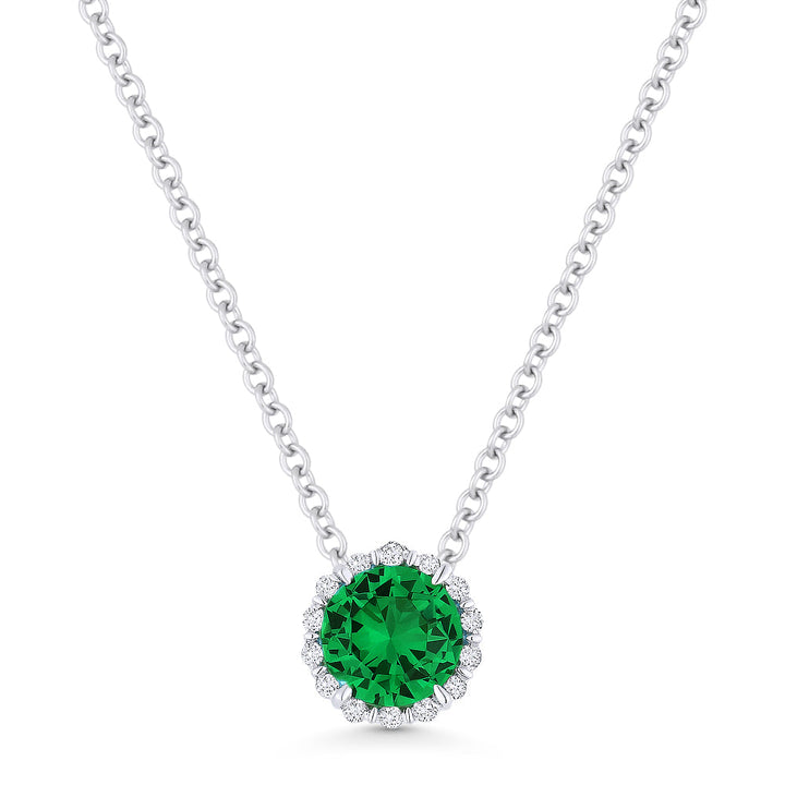 Beautiful Hand Crafted 14K White Gold 5MM Created Emerald And Diamond Essentials Collection Pendant