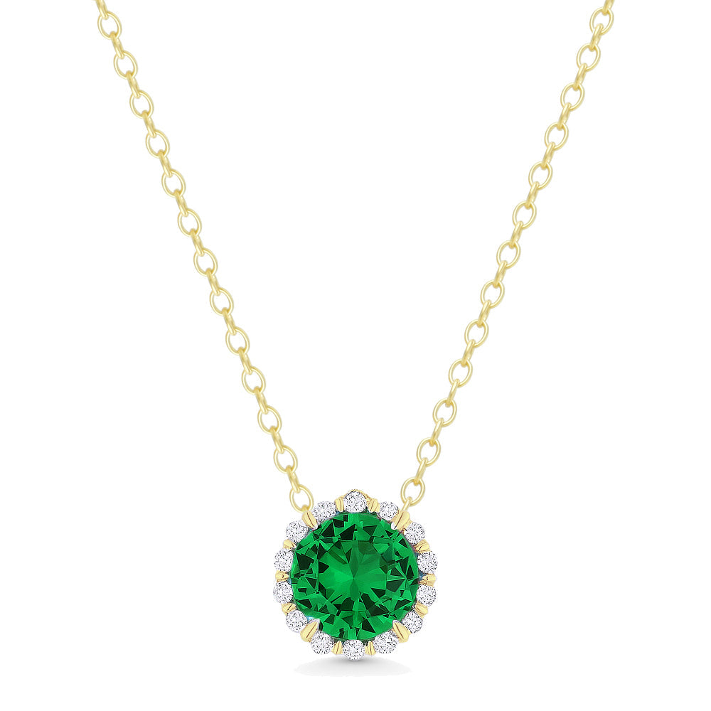 Beautiful Hand Crafted 14K Yellow Gold 5MM Created Emerald And Diamond Essentials Collection Pendant