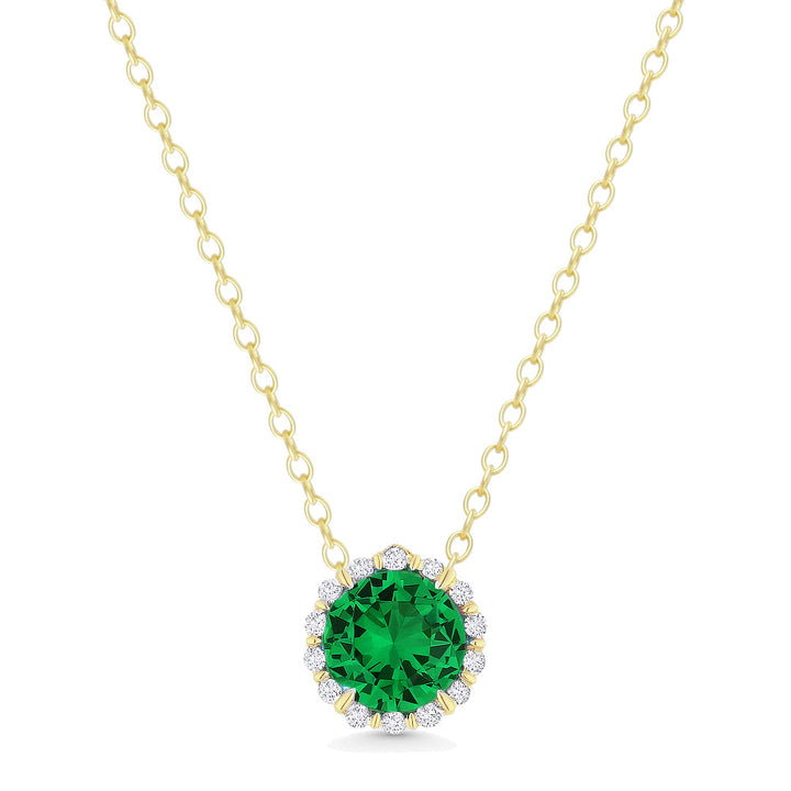 Beautiful Hand Crafted 14K Yellow Gold 5MM Created Emerald And Diamond Essentials Collection Pendant