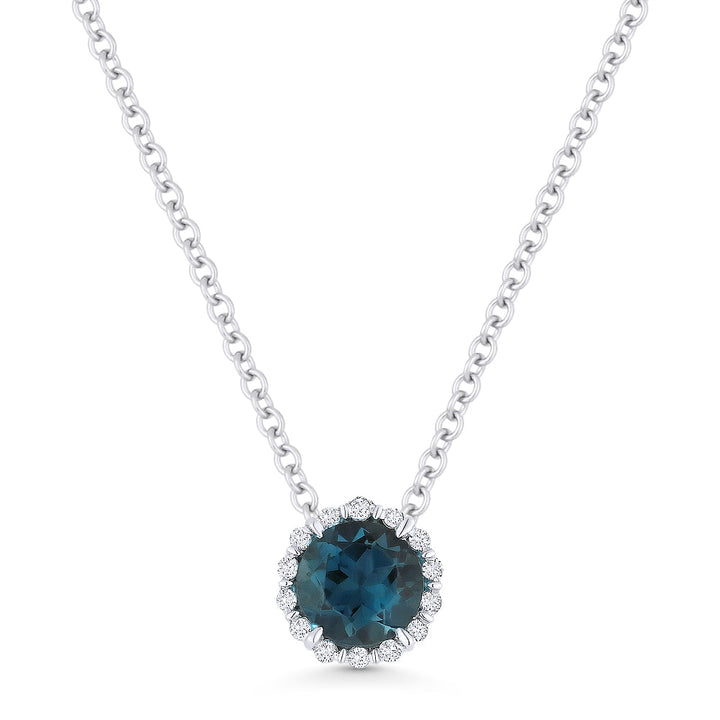 Beautiful Hand Crafted 14K White Gold 5MM London Blue Topaz And Diamond Essentials Collection Pendant