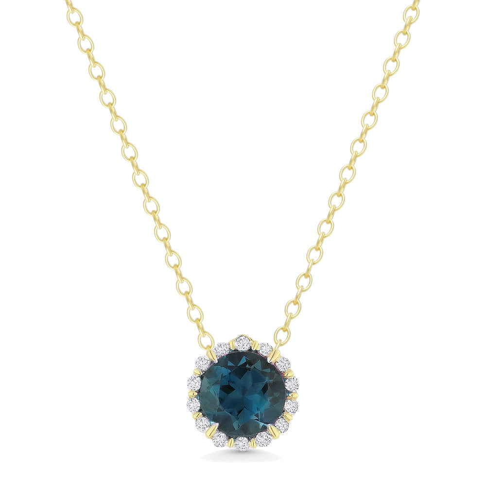 Beautiful Hand Crafted 14K Yellow Gold 5MM London Blue Topaz And Diamond Essentials Collection Pendant