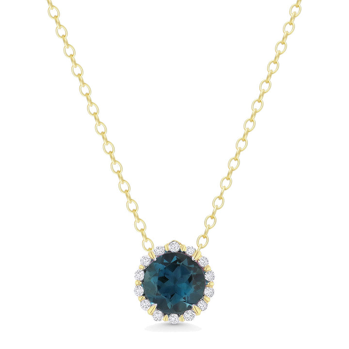 Beautiful Hand Crafted 14K Yellow Gold 5MM London Blue Topaz And Diamond Essentials Collection Pendant