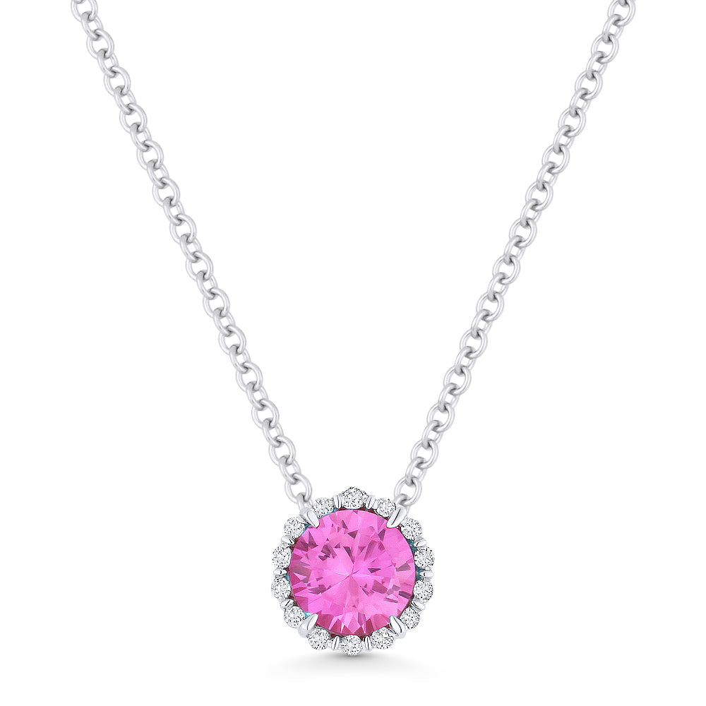 Beautiful Hand Crafted 14K White Gold 5MM Created Pink Sapphire And Diamond Essentials Collection Pendant