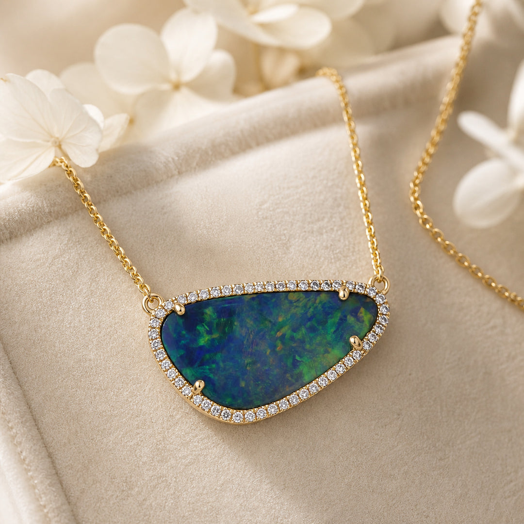 N1411 - 14K Yellow Gold Boulder Opal Freeform Necklace