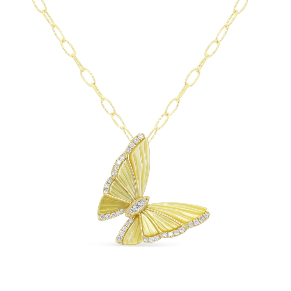 Beautiful Hand Crafted 14K Yellow Gold  Yellow Mother Of Pearl And Diamond Essentials Collection Necklace
