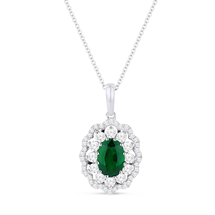 Beautiful Hand Crafted 14K White Gold 5X7MM Emerald And Diamond Arianna Collection Pendant