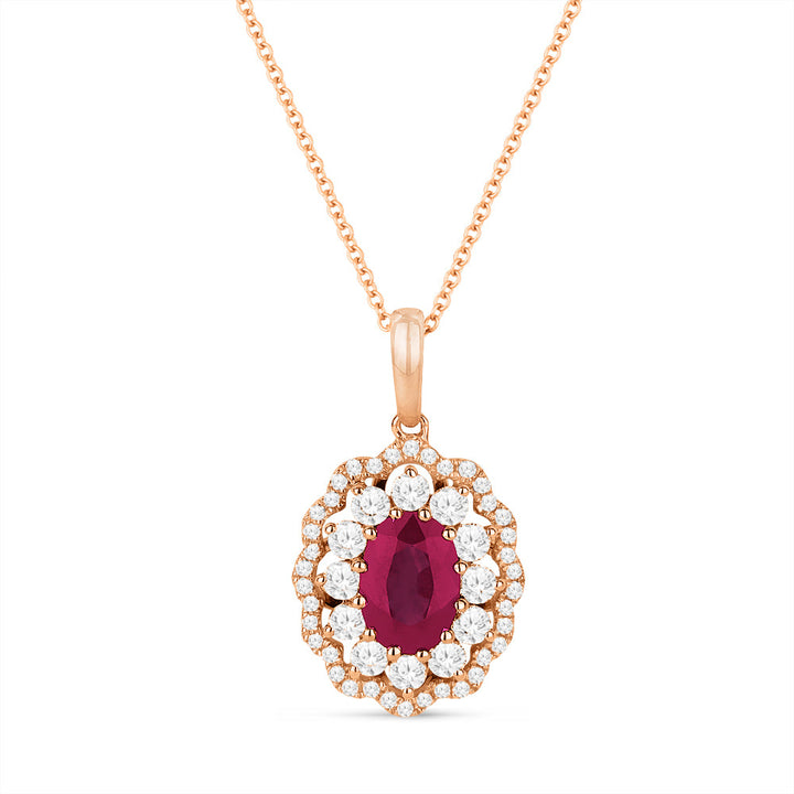 Beautiful Hand Crafted 14K Rose Gold 5X7MM Ruby And Diamond Arianna Collection Pendant