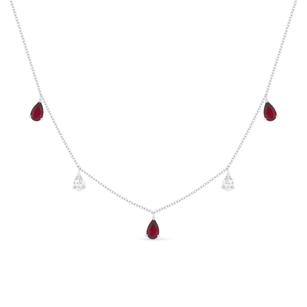 Beautiful Hand Crafted 14K White Gold 3X5MM Ruby And Diamond Arianna Collection Necklace