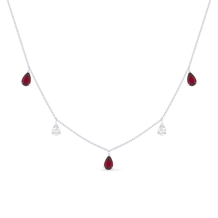 Beautiful Hand Crafted 14K White Gold 3X5MM Ruby And Diamond Arianna Collection Necklace