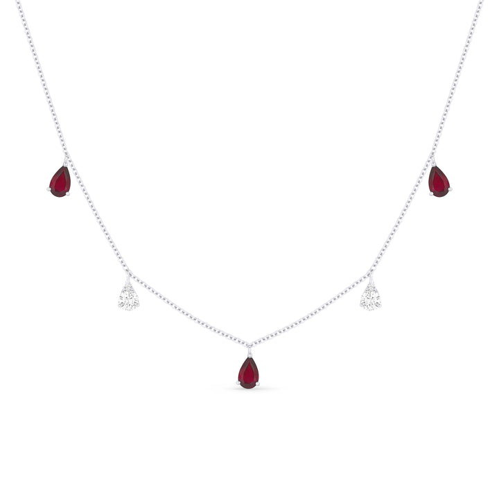 Beautiful Hand Crafted 14K White Gold 3x5MM Ruby And Diamond Arianna Collection Necklace