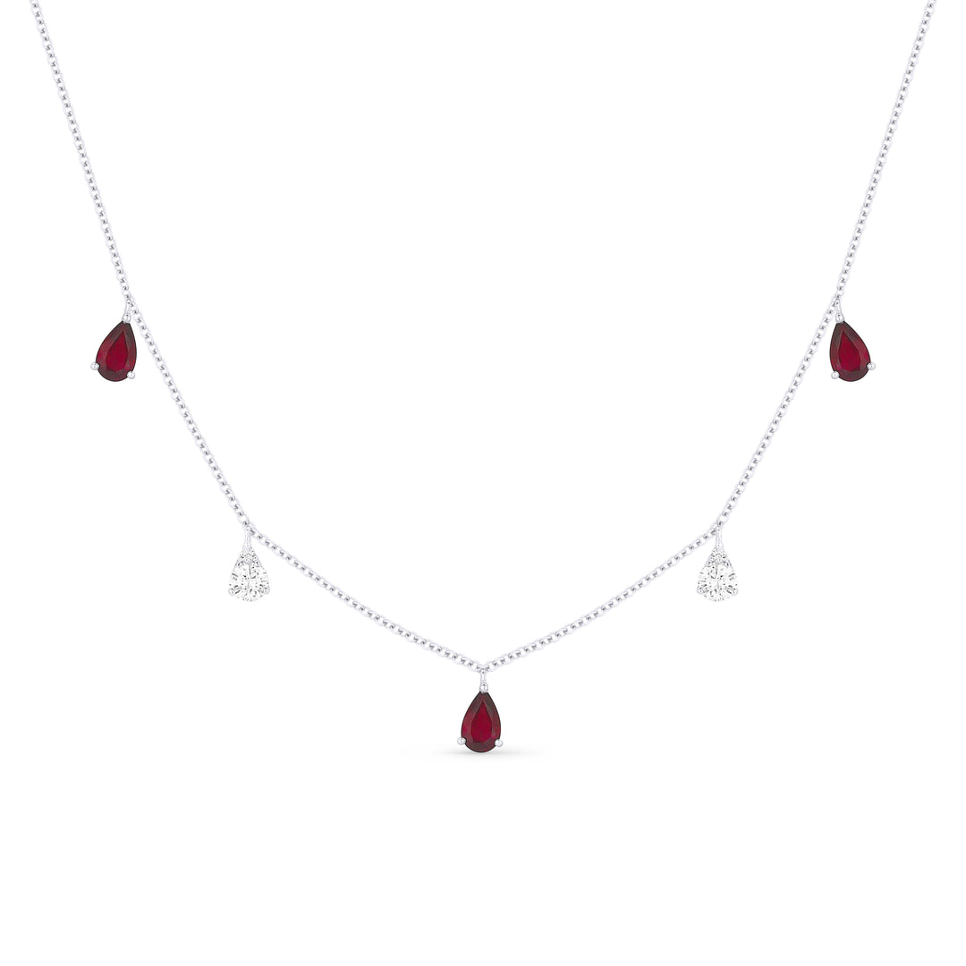 Beautiful Hand Crafted 14K White Gold 3X5MM Ruby And Diamond Arianna Collection Necklace