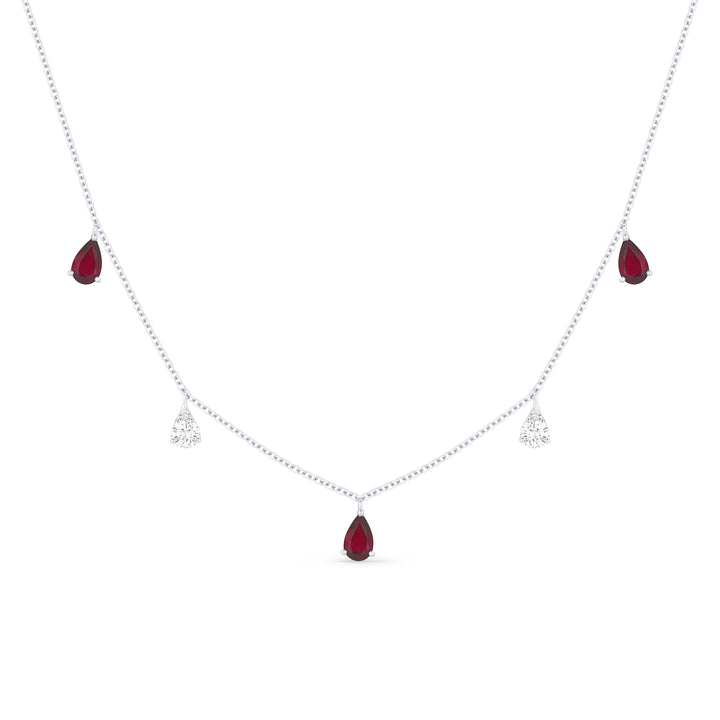 Beautiful Hand Crafted 14K White Gold 3X5MM Ruby And Diamond Arianna Collection Necklace