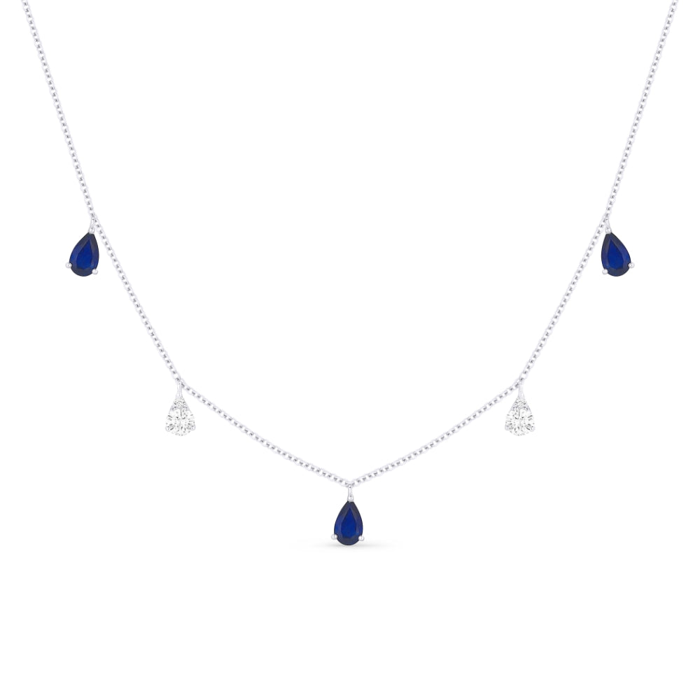 Beautiful Hand Crafted 14K White Gold 3X5MM Sapphire And Diamond Arianna Collection Necklace