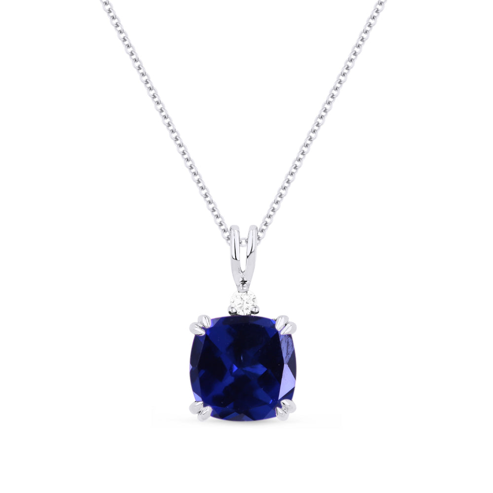 Beautiful Hand Crafted 14K White Gold 8MM Created Sapphire And Diamond Essentials Collection Pendant