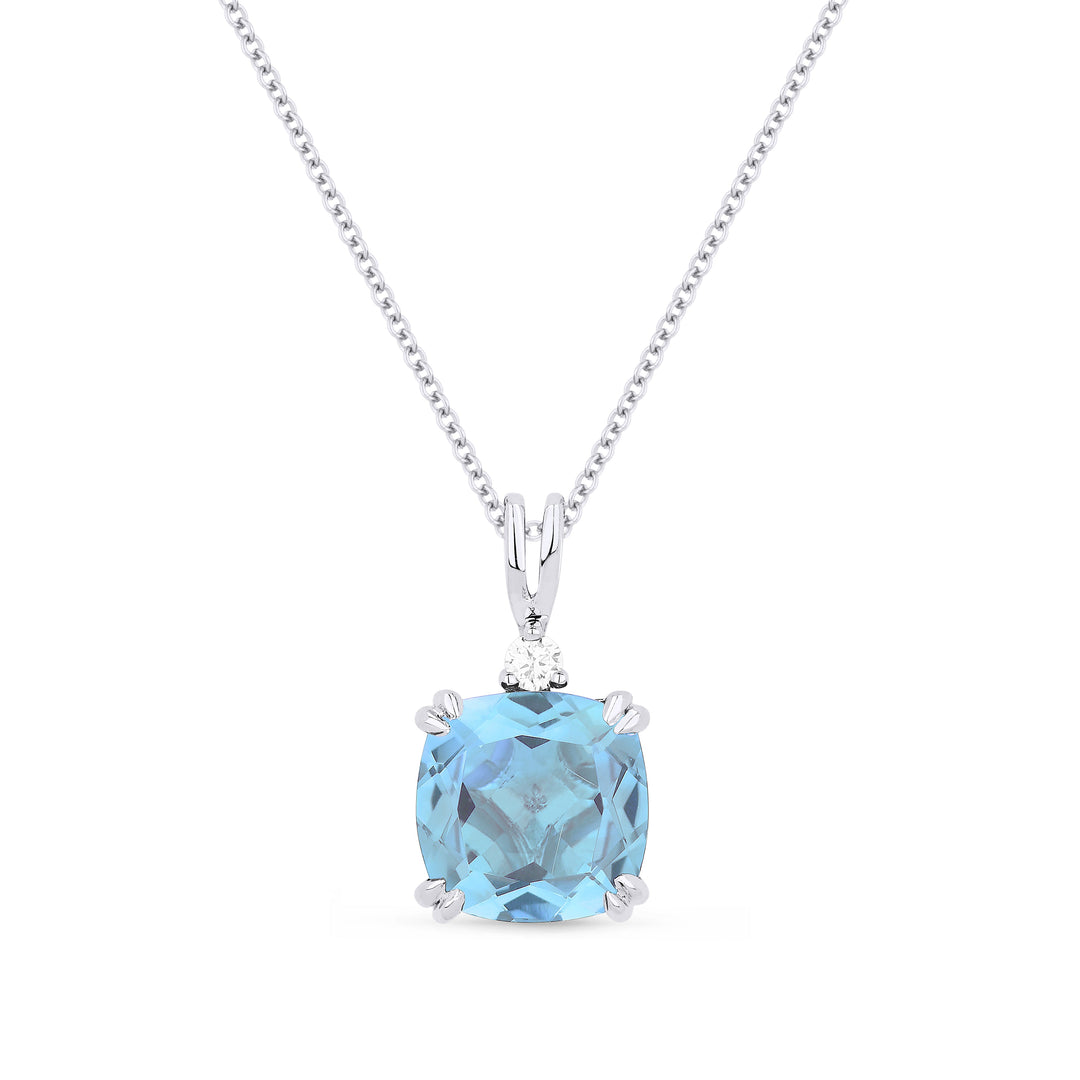 Beautiful Hand Crafted 14K White Gold 8MM Blue Topaz And Diamond Essentials Collection Pendant