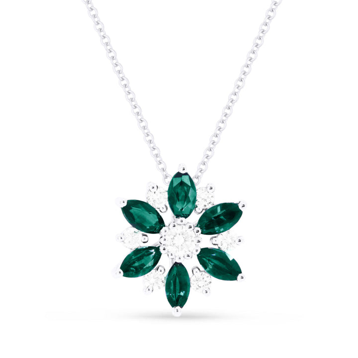 Beautiful Hand Crafted 14K White Gold 2X4MM Emerald And Diamond Arianna Collection Pendant