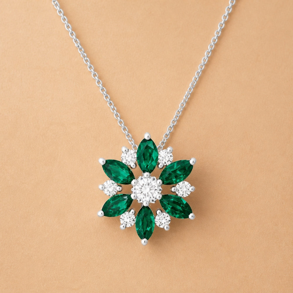 N1482 - 14K White Gold Emerald, Ruby & Sapphire Flower Pendant