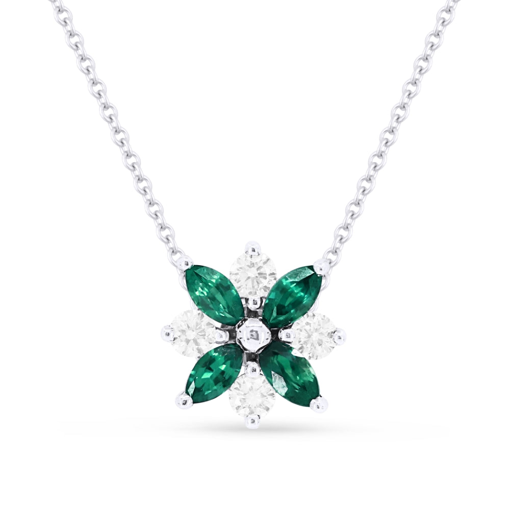Beautiful Hand Crafted 14K White Gold 2X4MM Emerald And Diamond Arianna Collection Pendant