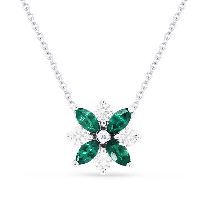 Beautiful Hand Crafted 14K White Gold 2X4MM Emerald And Diamond Arianna Collection Pendant
