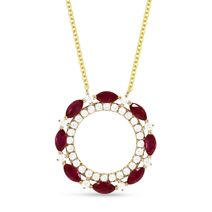 Beautiful Hand Crafted 14K Yellow Gold 2x4MM Ruby And Diamond Arianna Collection Necklace