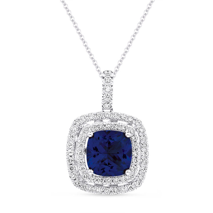 Beautiful Hand Crafted 14K White Gold 8MM Created Sapphire And Diamond Essentials Collection Pendant