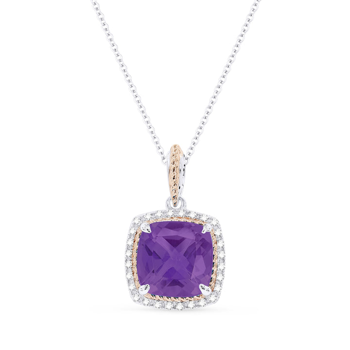 Beautiful Hand Crafted 14K Two Tone Gold 8MM Amethyst And Diamond Essentials Collection Pendant