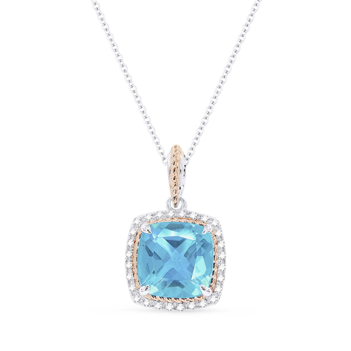 Beautiful Hand Crafted 14K Two Tone Gold 8MM Blue Topaz And Diamond Essentials Collection Pendant