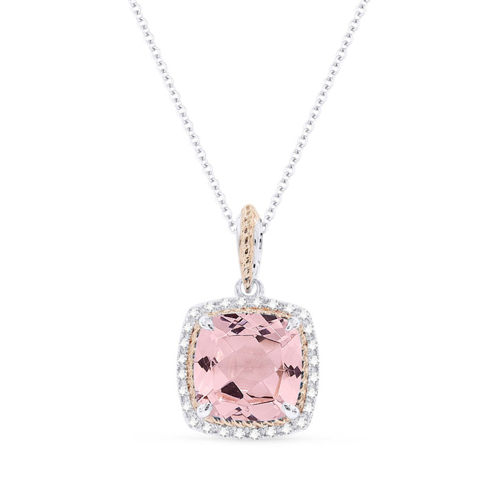 Beautiful Hand Crafted 14K Two Tone Gold 8MM Created Morganite And Diamond Essentials Collection Pendant
