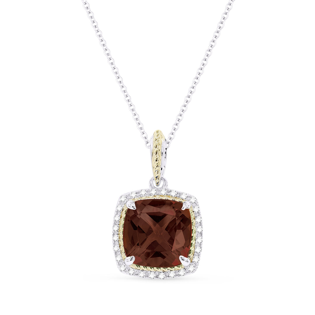 Beautiful Hand Crafted 14K Two Tone Gold 8MM Garnet And Diamond Essentials Collection Pendant