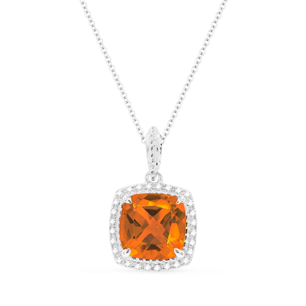 Beautiful Hand Crafted 14K White Gold 8MM Created Padparadscha And Diamond Essentials Collection Pendant