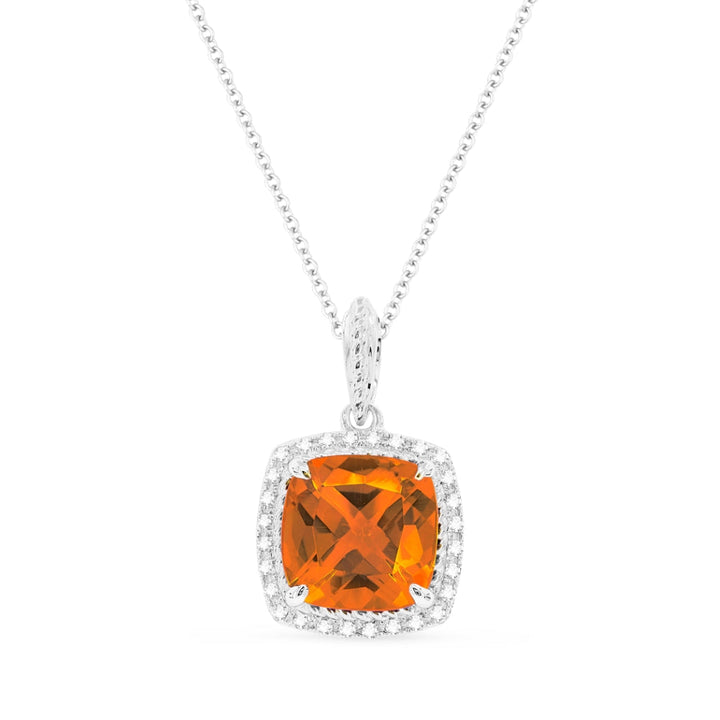 Beautiful Hand Crafted 14K White Gold 8MM Created Padparadscha And Diamond Essentials Collection Pendant