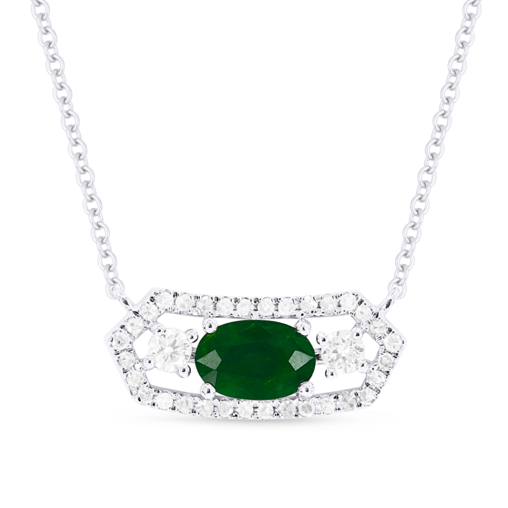 Beautiful Hand Crafted 14K White Gold 4x6MM Emerald And Diamond Arianna Collection Necklace