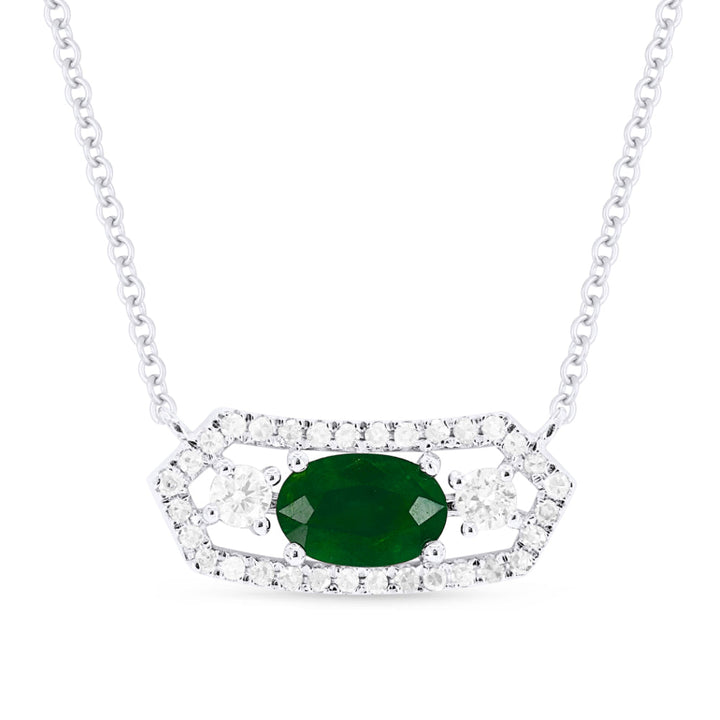 Beautiful Hand Crafted 14K White Gold 4X6MM Emerald And Diamond Arianna Collection Necklace