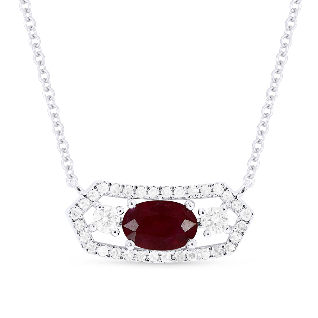 Beautiful Hand Crafted 14K White Gold 4X6MM Ruby And Diamond Arianna Collection Necklace