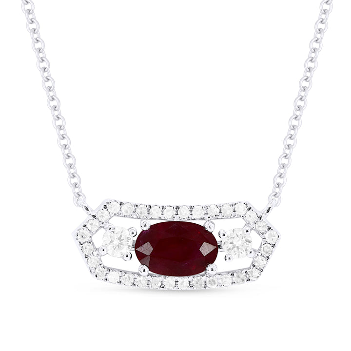 Beautiful Hand Crafted 14K White Gold 4x6MM Ruby And Diamond Arianna Collection Necklace
