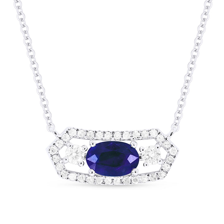 Beautiful Hand Crafted 14K White Gold 4x6MM Sapphire And Diamond Arianna Collection Necklace